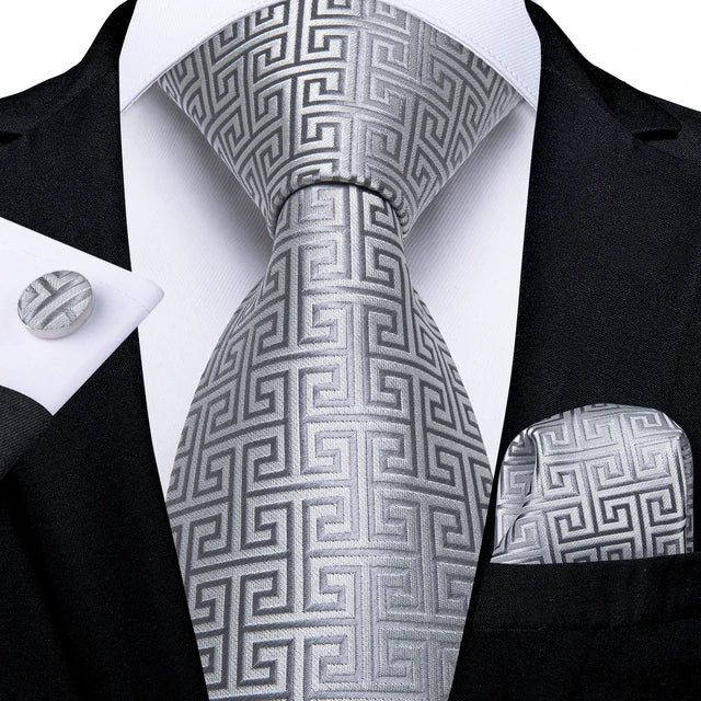 Gray Striped Paisley Silk 8cm Neck Tie Pocket Square Cufflinks Gift For Men