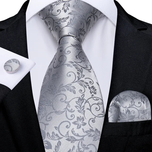 Gray Striped Paisley Silk 8cm Neck Tie Pocket Square Cufflinks Gift For Men