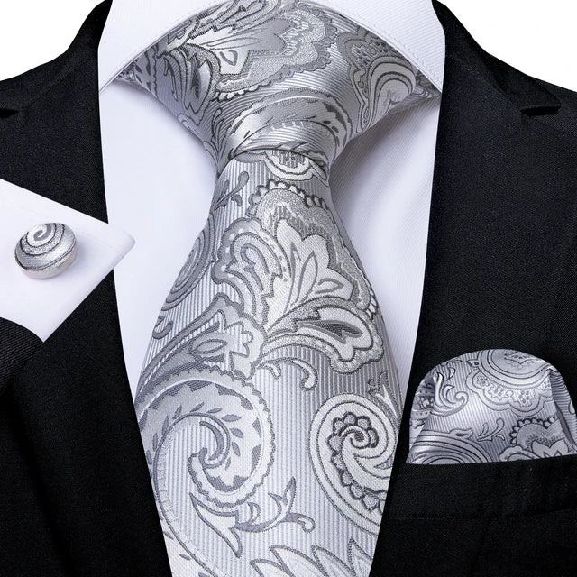 Gray Striped Paisley Silk 8cm Neck Tie Pocket Square Cufflinks Gift For Men
