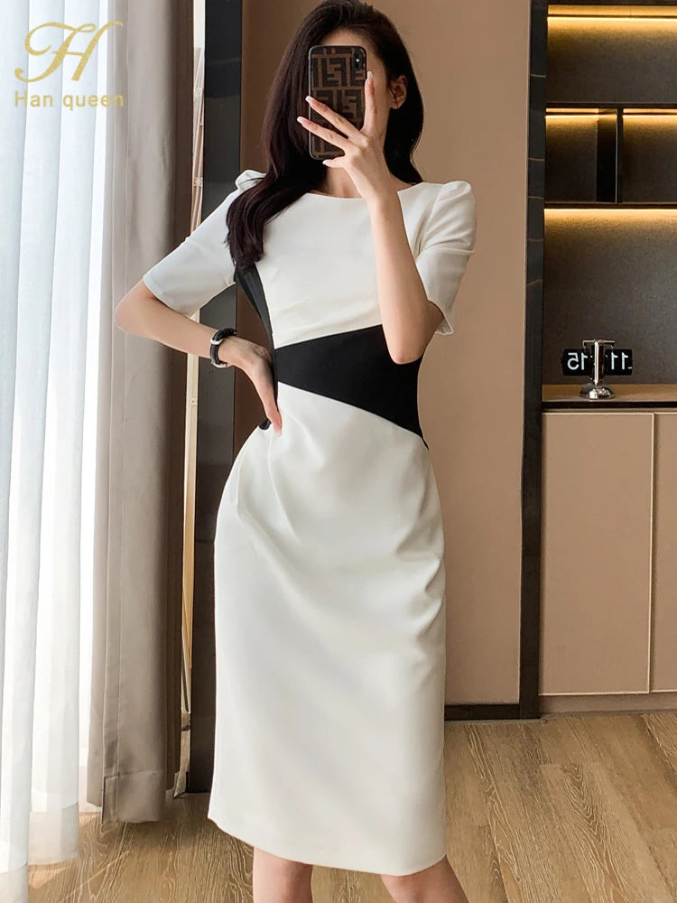 2023 New O-Neck Vintage Simple Chic Color Blocking Bodycon Office Casual Dress