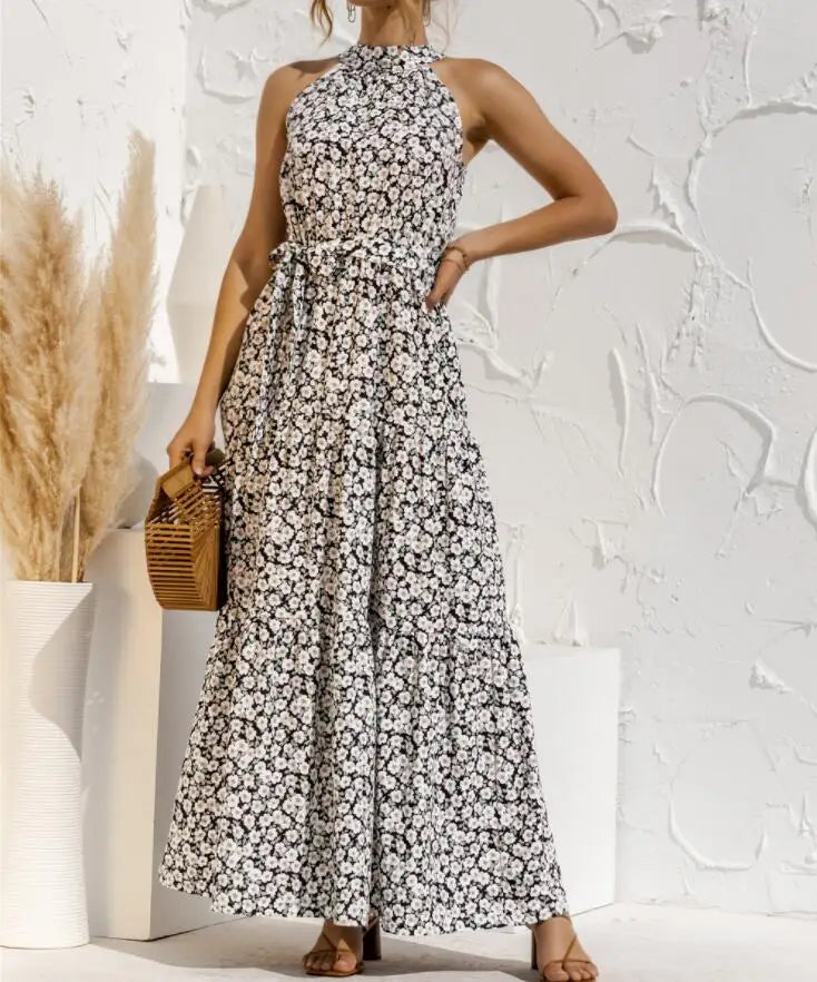 2025 Fashion Sleeveless Print Flowers Polka-dot Halter Boho Dresses