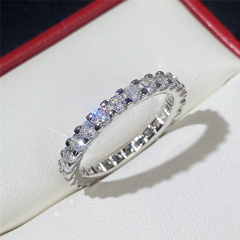 New Trendy Thin Finger Rings Silver Color Band with Shiny Cubic Zirconia