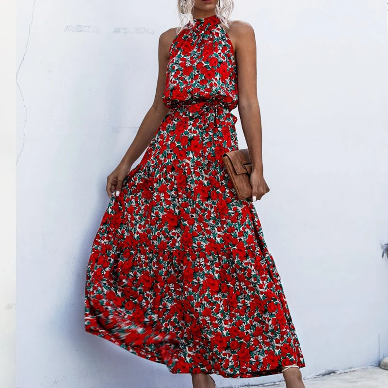 2025 Fashion Sleeveless Print Flowers Polka-dot Halter Boho Dresses