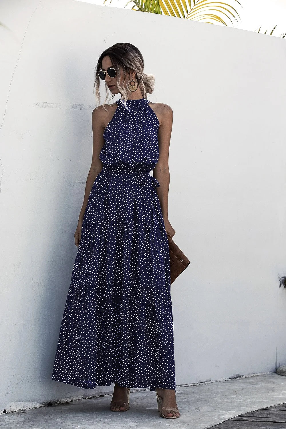 2025 Fashion Sleeveless Print Flowers Polka-dot Halter Boho Dresses