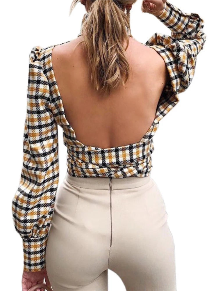 Sexy Backless Turtleneck Plaid Printed  Long Sleeve Elegant Lace up Blouse