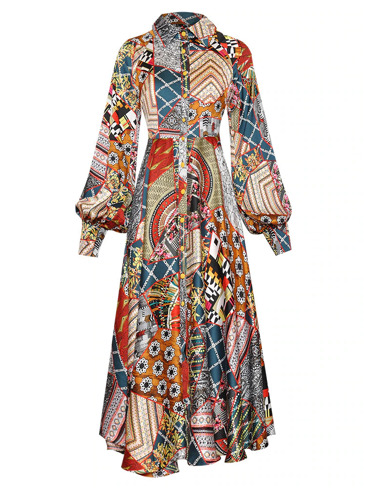 Spring Summer Lapel Single Breasted Lantern Long Sleeve Vintage Print Dress