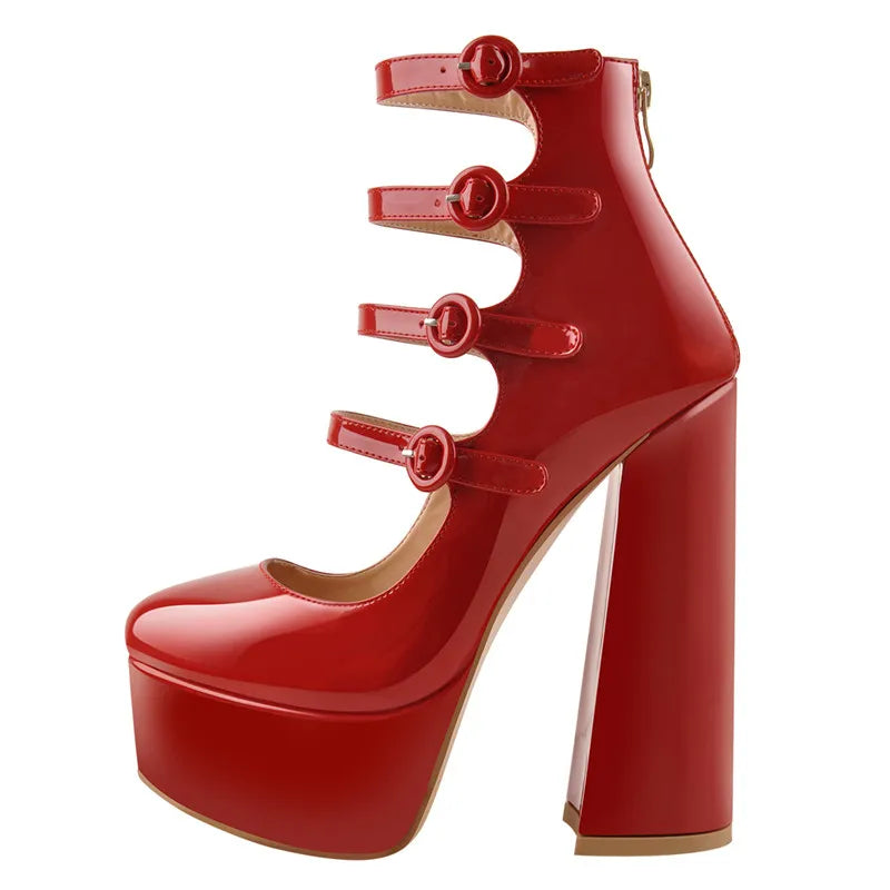 Women Platform Round Toe Chunky Square Heels Ankle Wrap Sandals