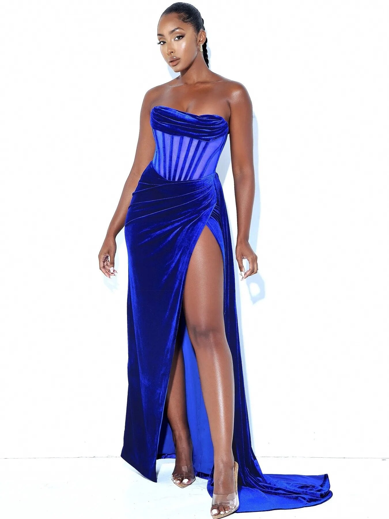 2023 Fashion Elegant Strapless Backless High Split Maxi Spaghetti Strap Dress