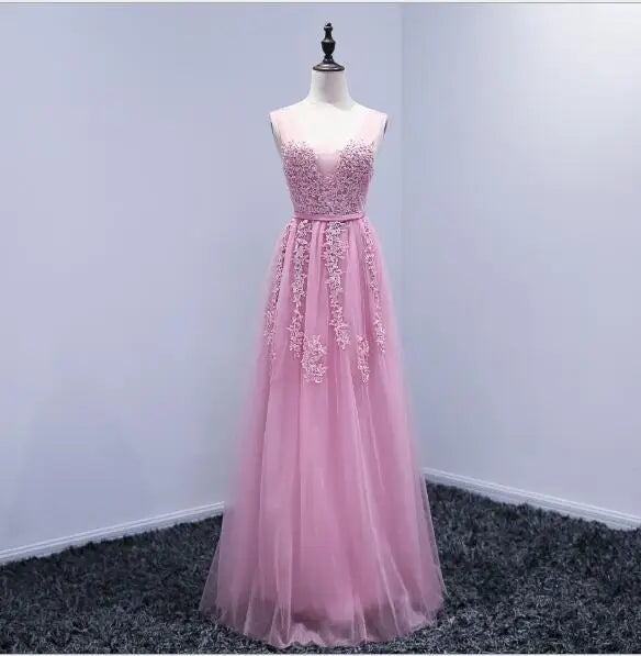 Lace Beading Long Backless Bridal V neck Sleeveless Transparent Banquet Sexy  Dress