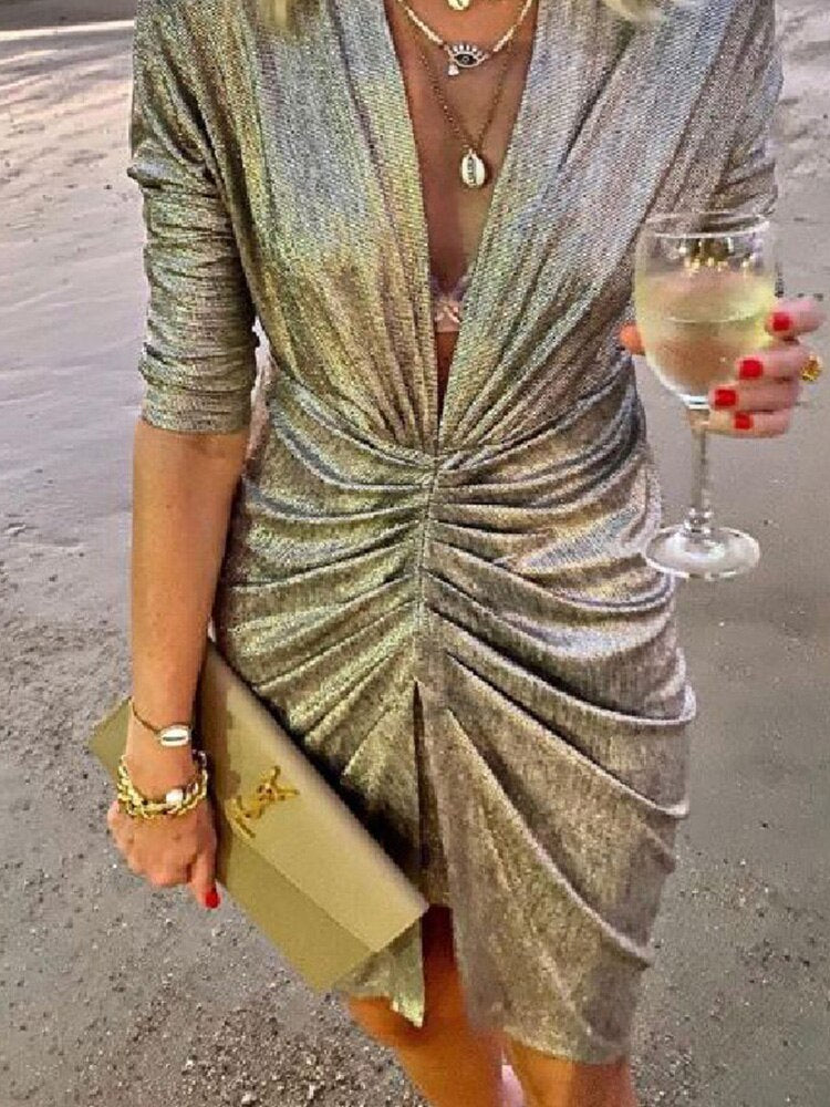 Sexy Deep V Neck Draped Silk Party Dress