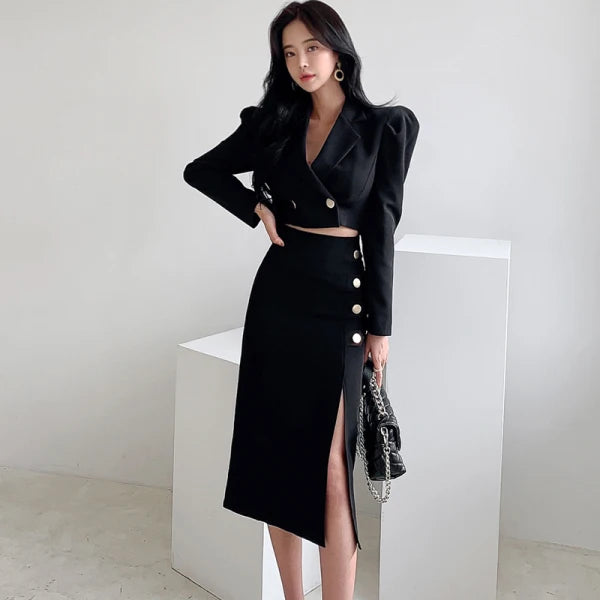 Spring Autumn Puff Sleeve Notched Collar Double Breasted Tops + High Waist Split Sheath Skirts Suit