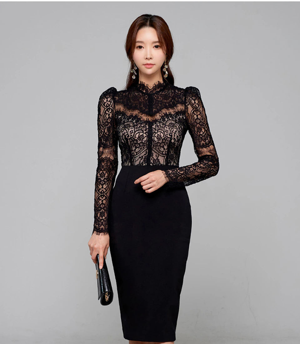 Spring White Black High Waist Tight Stitching Sexy Lace Stand Collar Long Sleeves Office Dress