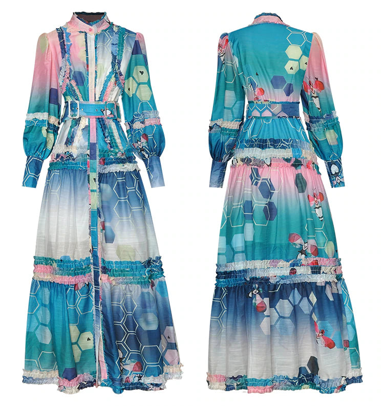 Lantern sleeve Single-breasted Sashes Multicolor Printed Vacation Long Dress