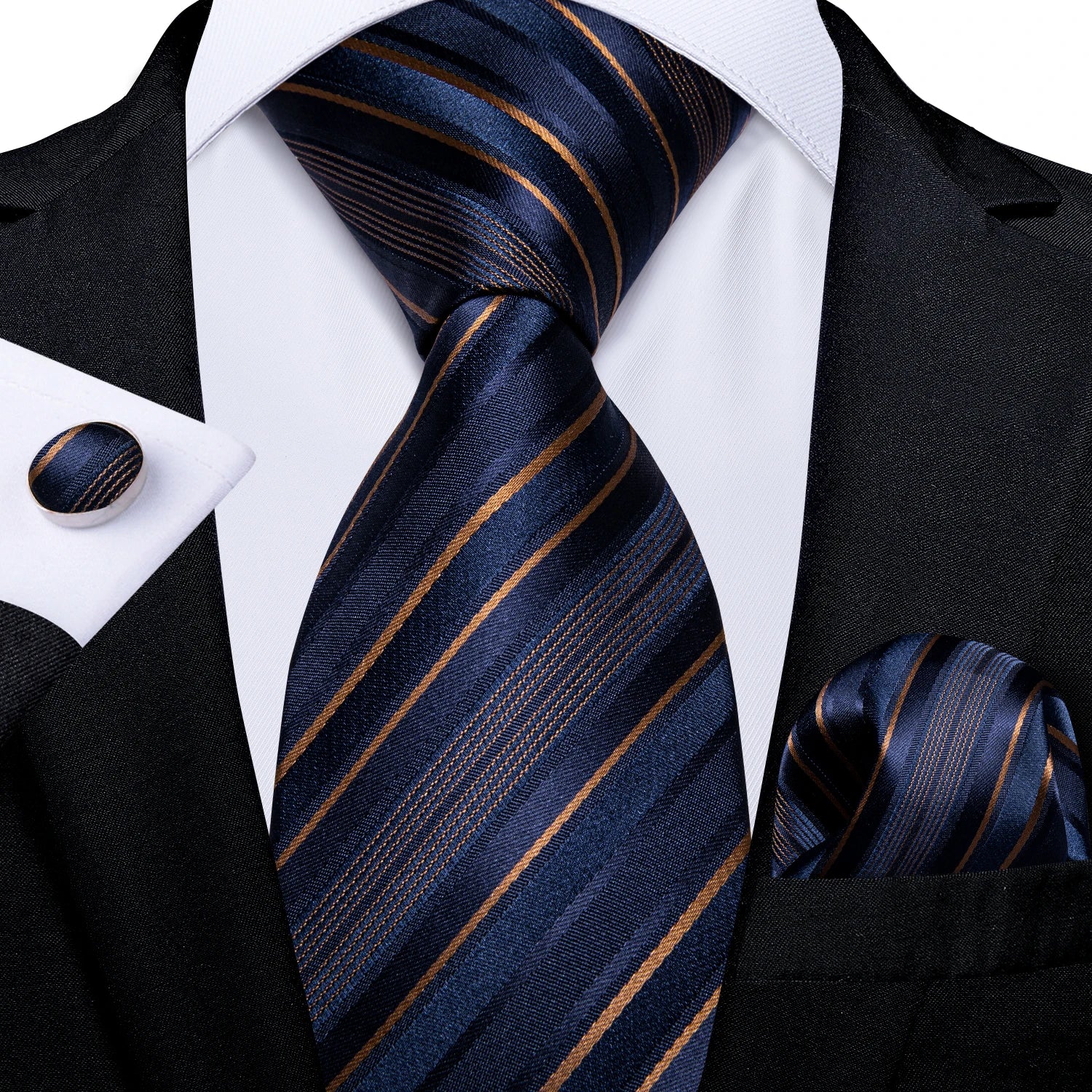 Teal Blue & White Striped Silk Tie Set for Men