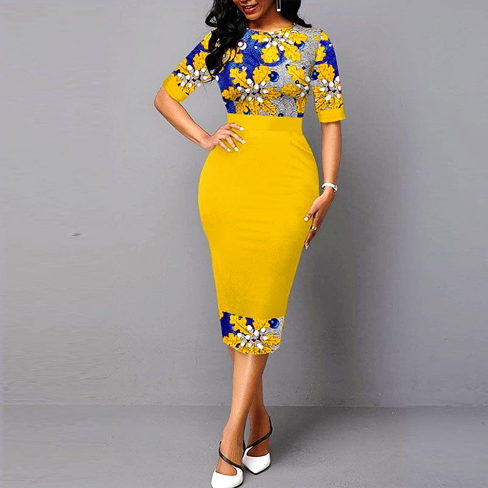 Yellow Elegant Floral Print  O-Neck Half Sleeve Slim Office Work Bodycon Dresses
