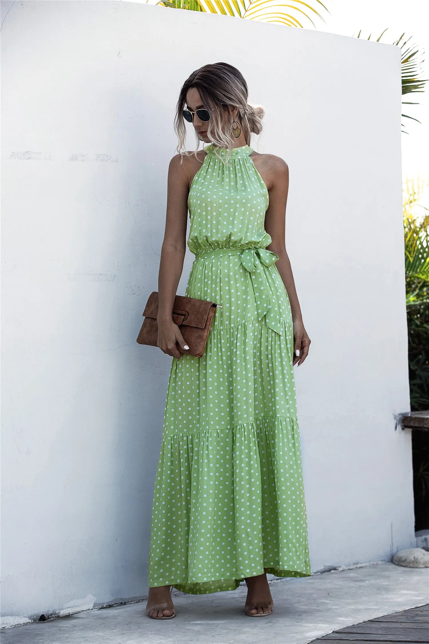 2025 Fashion Sleeveless Print Flowers Polka-dot Halter Boho Dresses