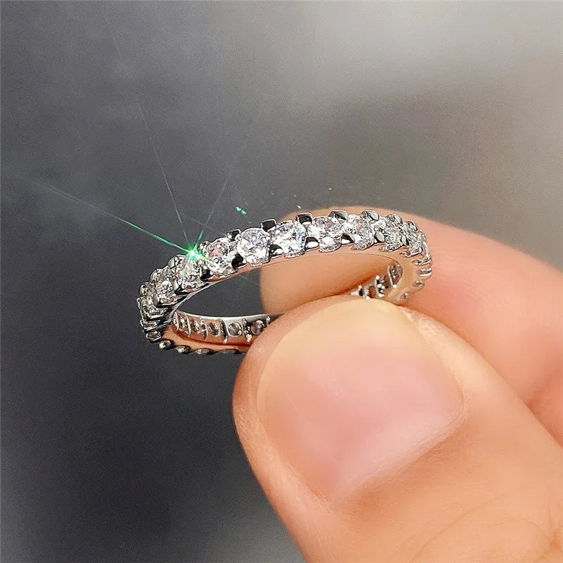 New Trendy Thin Finger Rings Silver Color Band with Shiny Cubic Zirconia