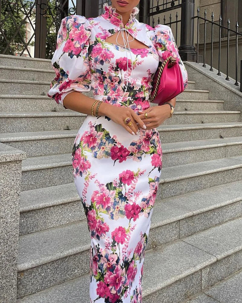 Puff Sleeve Floral Print Frill Hem Cutout Tied Detail Dress