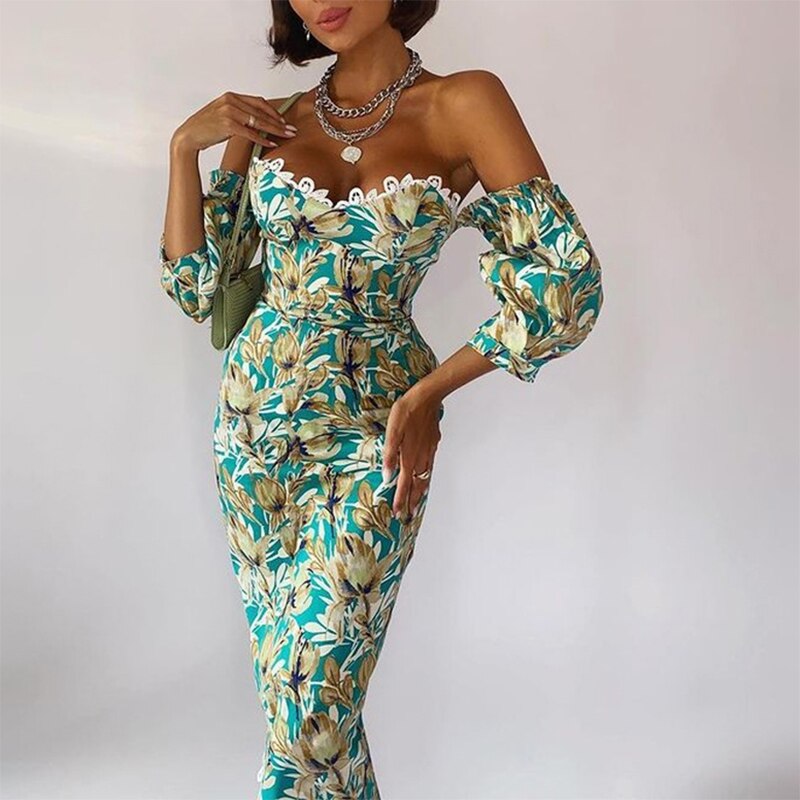 Off Shoulder Printed Lace Design Bodycon Elegant Party Dress