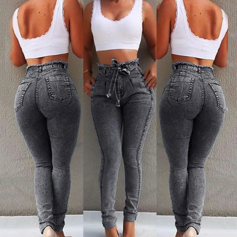 Fashion Belted High Waist Skinny Jeans