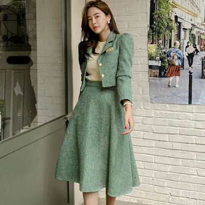 Stripe Vintage Lady Single Breasted Short Blazer Coat Suit Jacket High Waist Midi Skirt \
