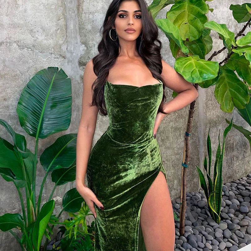 Solid Lace Up  Side Slit Backless Velvet Maxi Dress