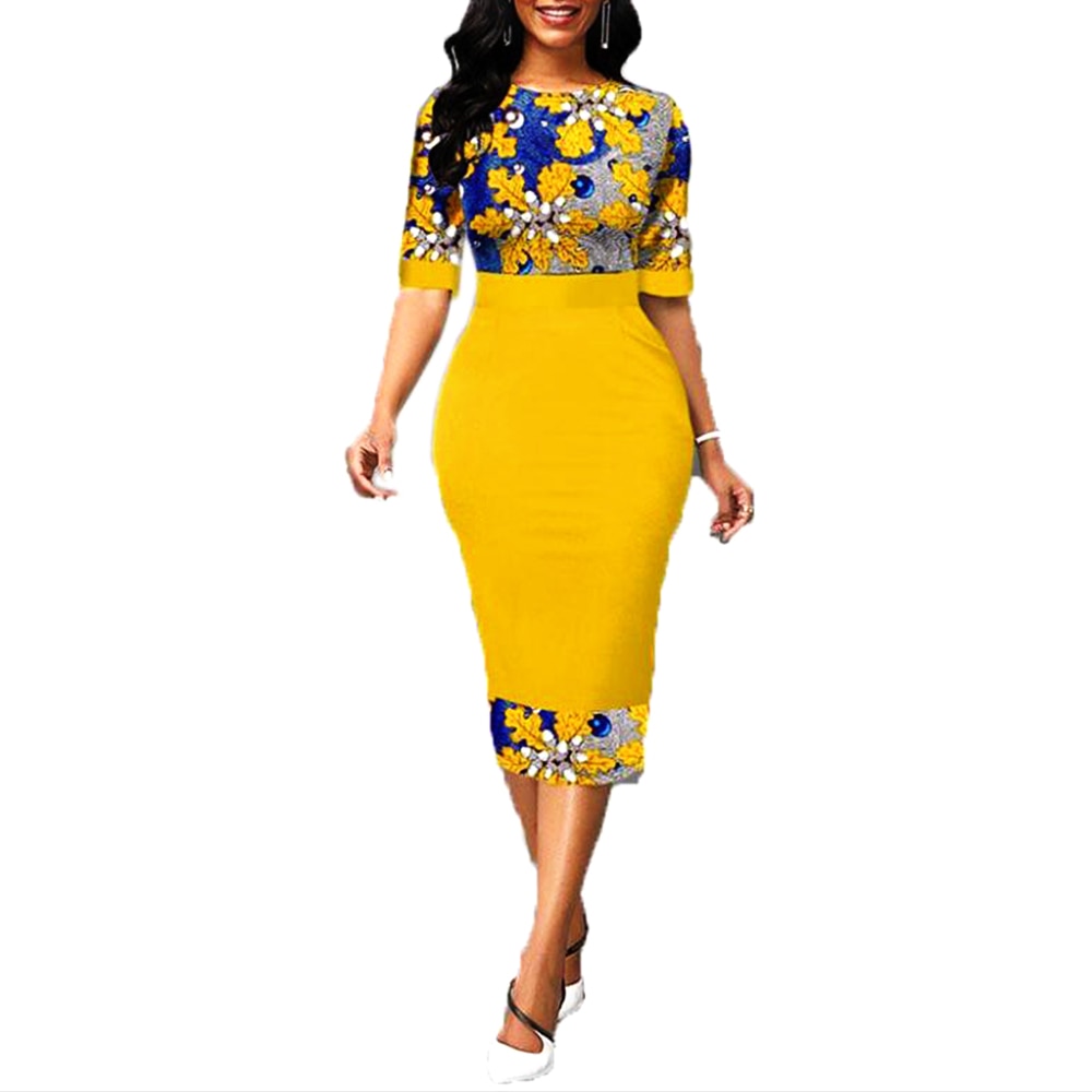 Yellow Elegant Floral Print  O-Neck Half Sleeve Slim Office Work Bodycon Dresses