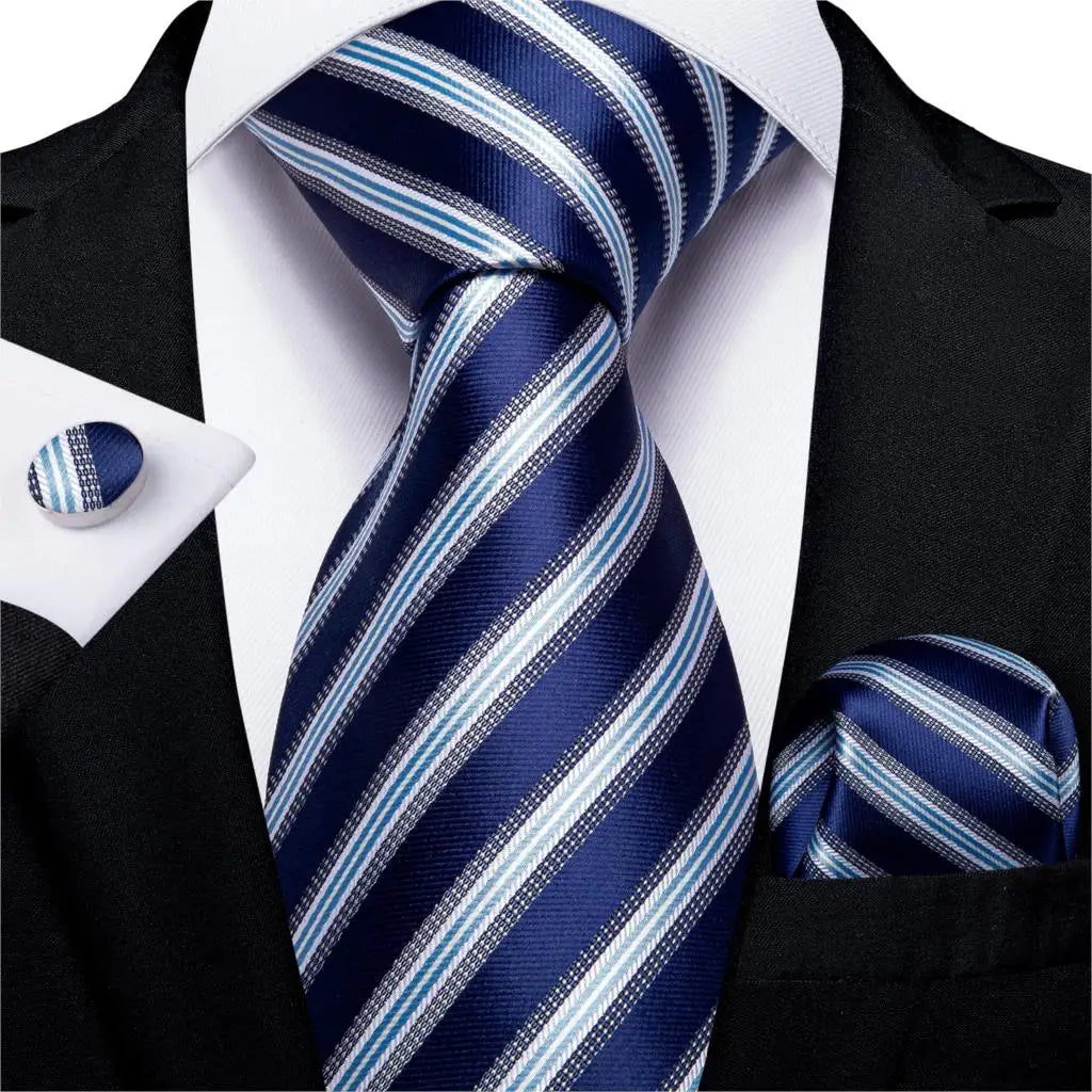 Teal Blue & White Striped Silk Tie Set for Men