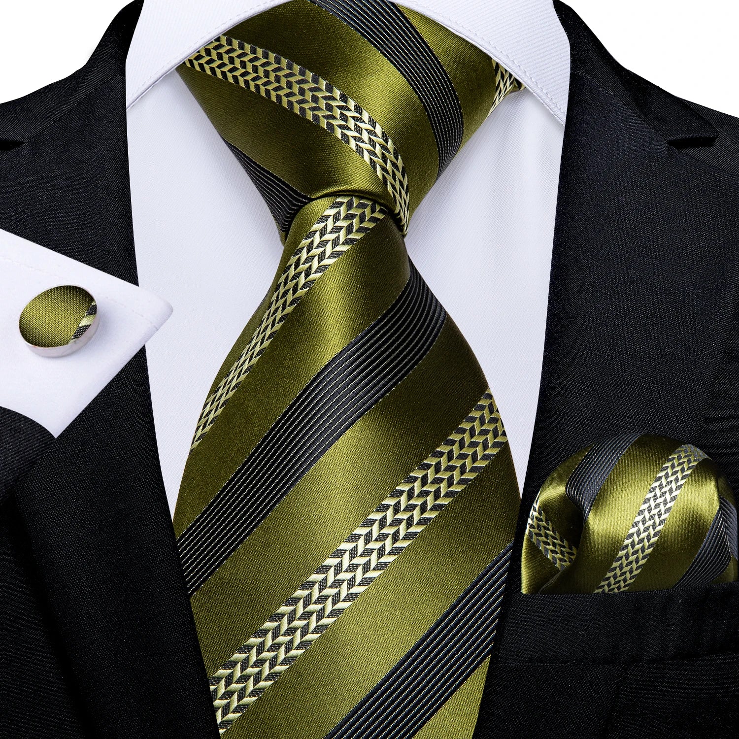 Teal Blue & White Striped Silk Tie Set for Men
