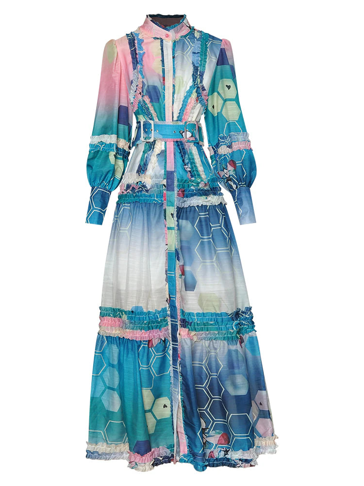 Lantern sleeve Single-breasted Sashes Multicolor Printed Vacation Long Dress