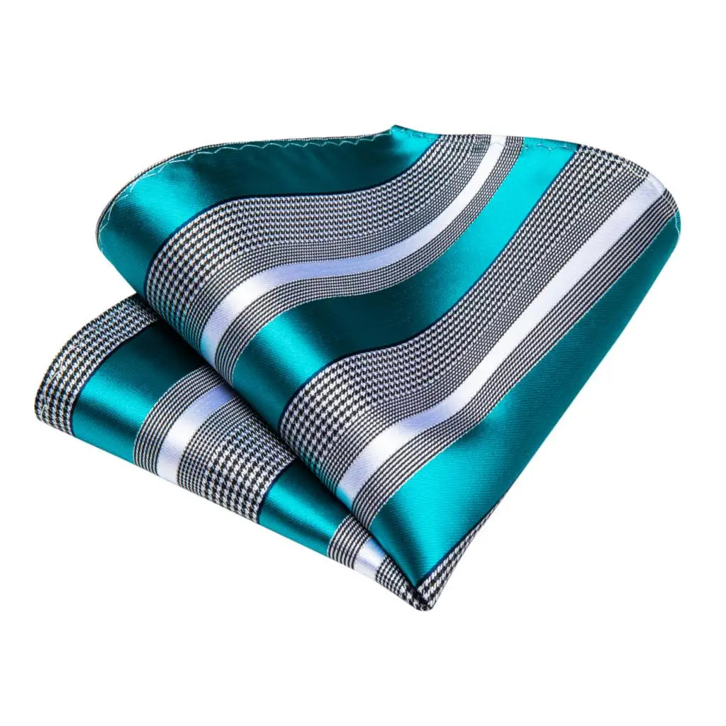 Teal Blue & White Striped Silk Tie Set for Men