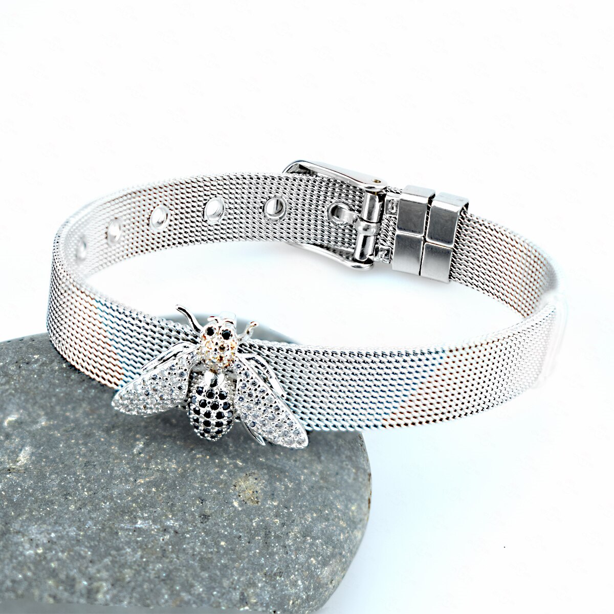 Stainless Steel Mesh Strap Bee Zircon Bracelet