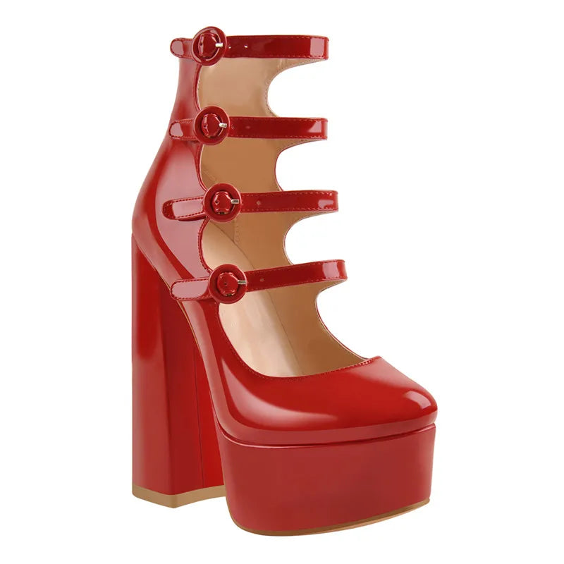 Women Platform Round Toe Chunky Square Heels Ankle Wrap Sandals