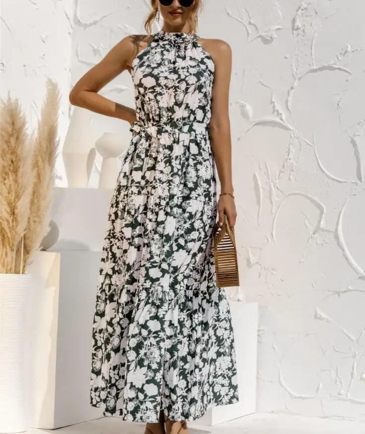 2025 Fashion Sleeveless Print Flowers Polka-dot Halter Boho Dresses