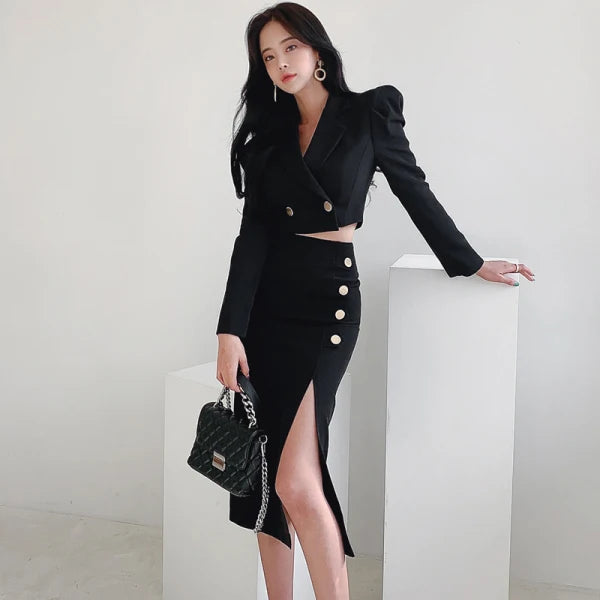 Spring Autumn Puff Sleeve Notched Collar Double Breasted Tops + High Waist Split Sheath Skirts Suit