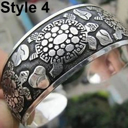 Chinese Style Vintage Tibetan Silver Elephant Open Cuff Bracelet