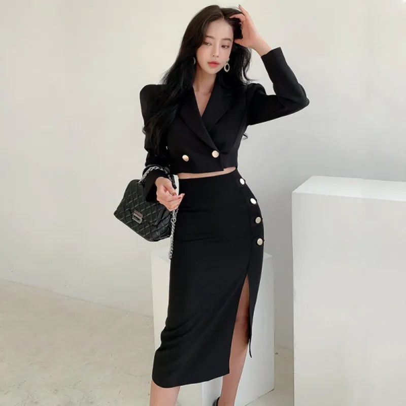Spring Autumn Puff Sleeve Notched Collar Double Breasted Tops + High Waist Split Sheath Skirts Suit