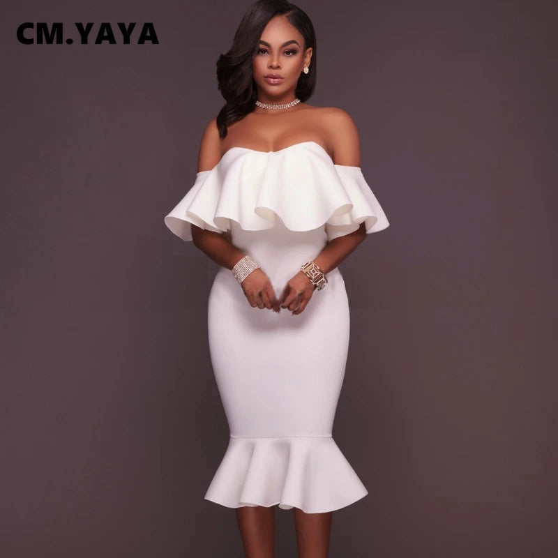 Solid Off Shoulder Ruffles Bodycon Trumpet Dresses