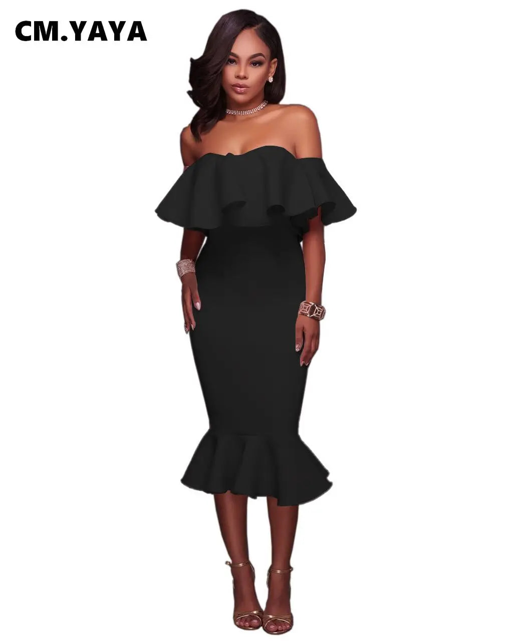 Solid Off Shoulder Ruffles Bodycon Trumpet Dresses
