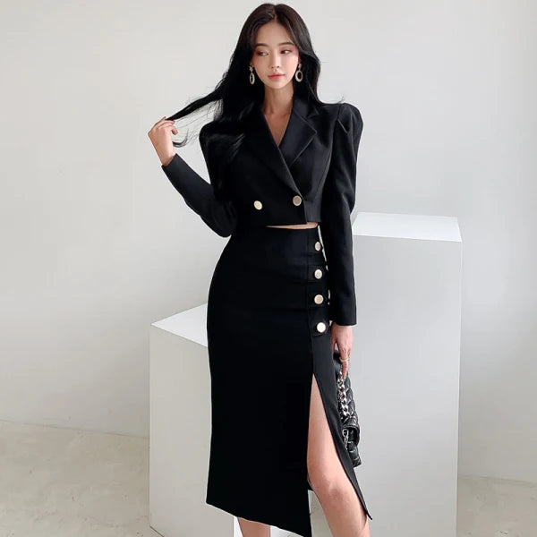 Spring Autumn Puff Sleeve Notched Collar Double Breasted Tops + High Waist Split Sheath Skirts Suit