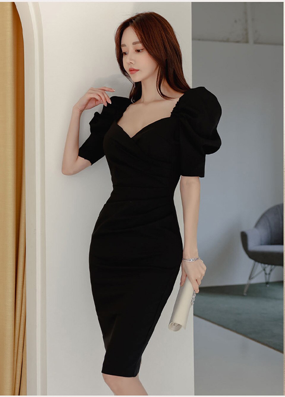 Simple V-Neck Puff Sleeve High Waist Tight Elegant Party Dress