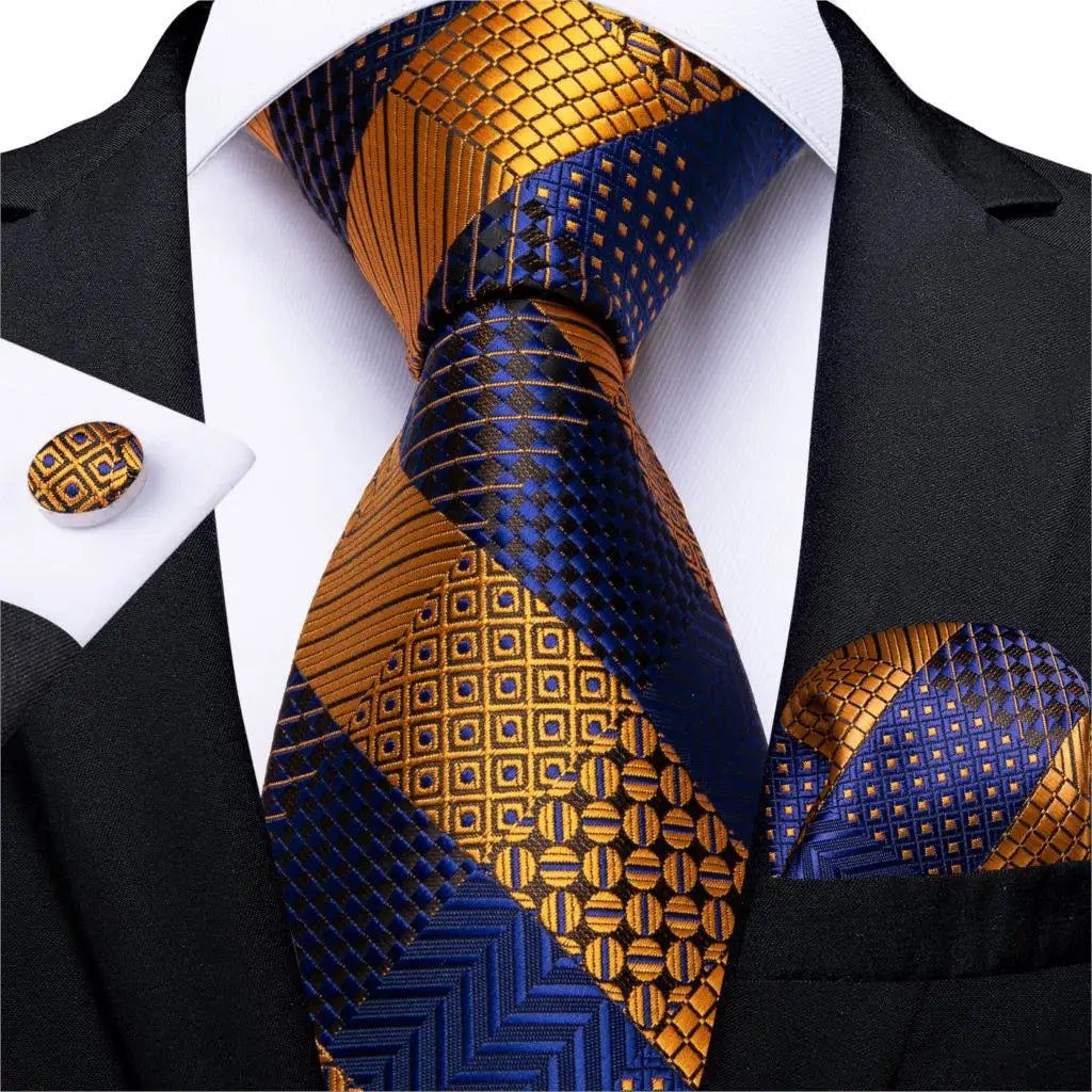 Teal Blue & White Striped Silk Tie Set for Men