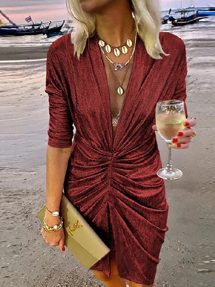 Sexy Deep V Neck Draped Silk Party Dress