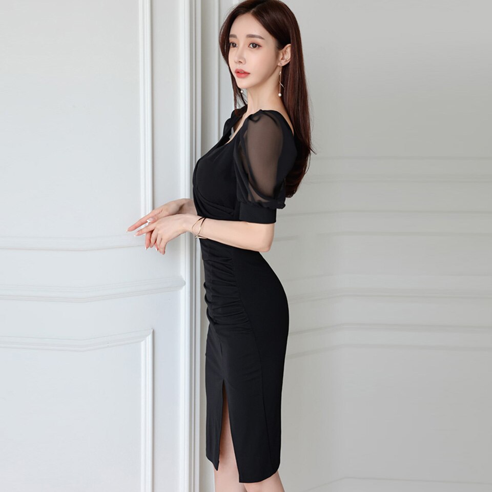 High Waist  Sexy V-Neck Puff Sleeve Women Party Dress