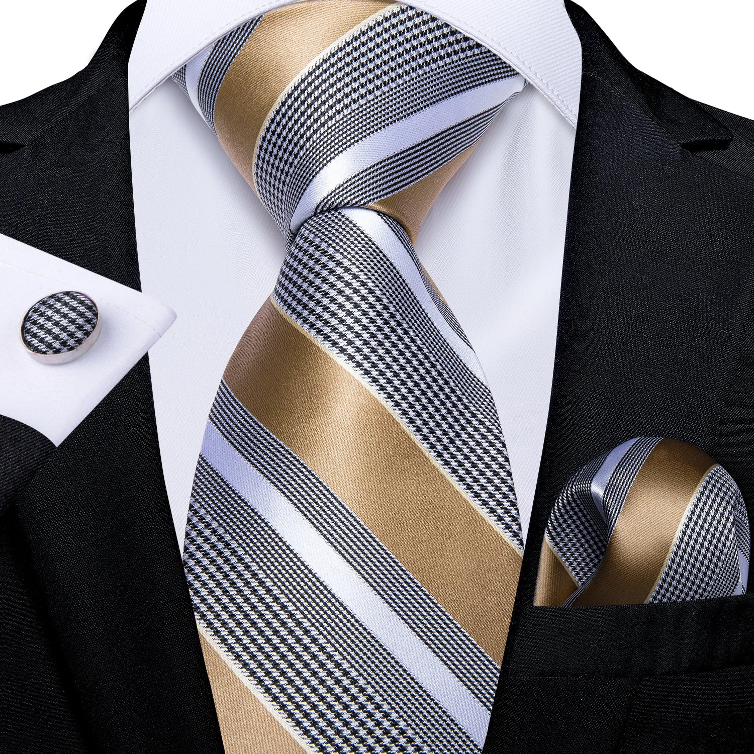 Teal Blue & White Striped Silk Tie Set for Men