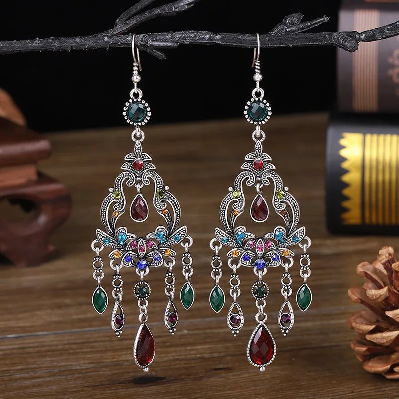 Vintage Ethnic Long Water Drop Tassel Earrings for Women Creative Rhinestone Flower Silver