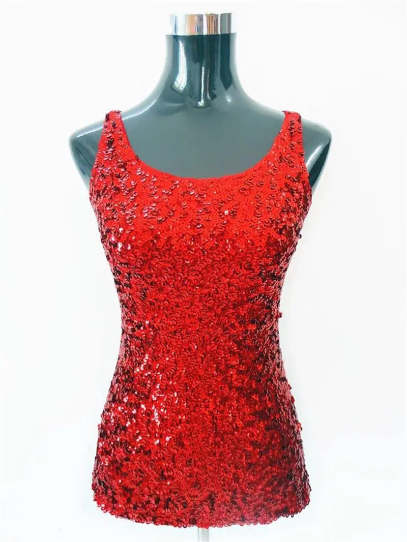Glitter Sequin Embellished Sleeveless Vest Tank Tops