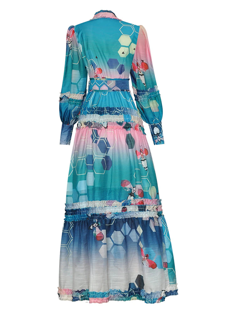 Lantern sleeve Single-breasted Sashes Multicolor Printed Vacation Long Dress