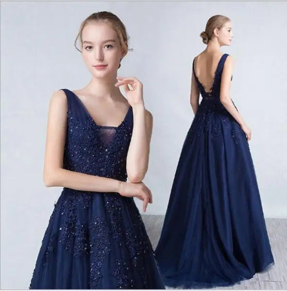 Lace Beading Long Backless Bridal V neck Sleeveless Transparent Banquet Sexy  Dress