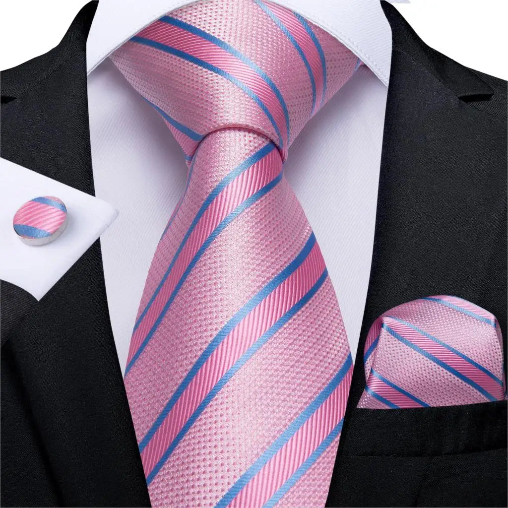 Teal Blue & White Striped Silk Tie Set for Men